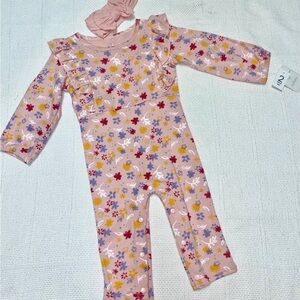 Lullaby Lane floral romper headband set baby girls outfit pink ruffle snap cute